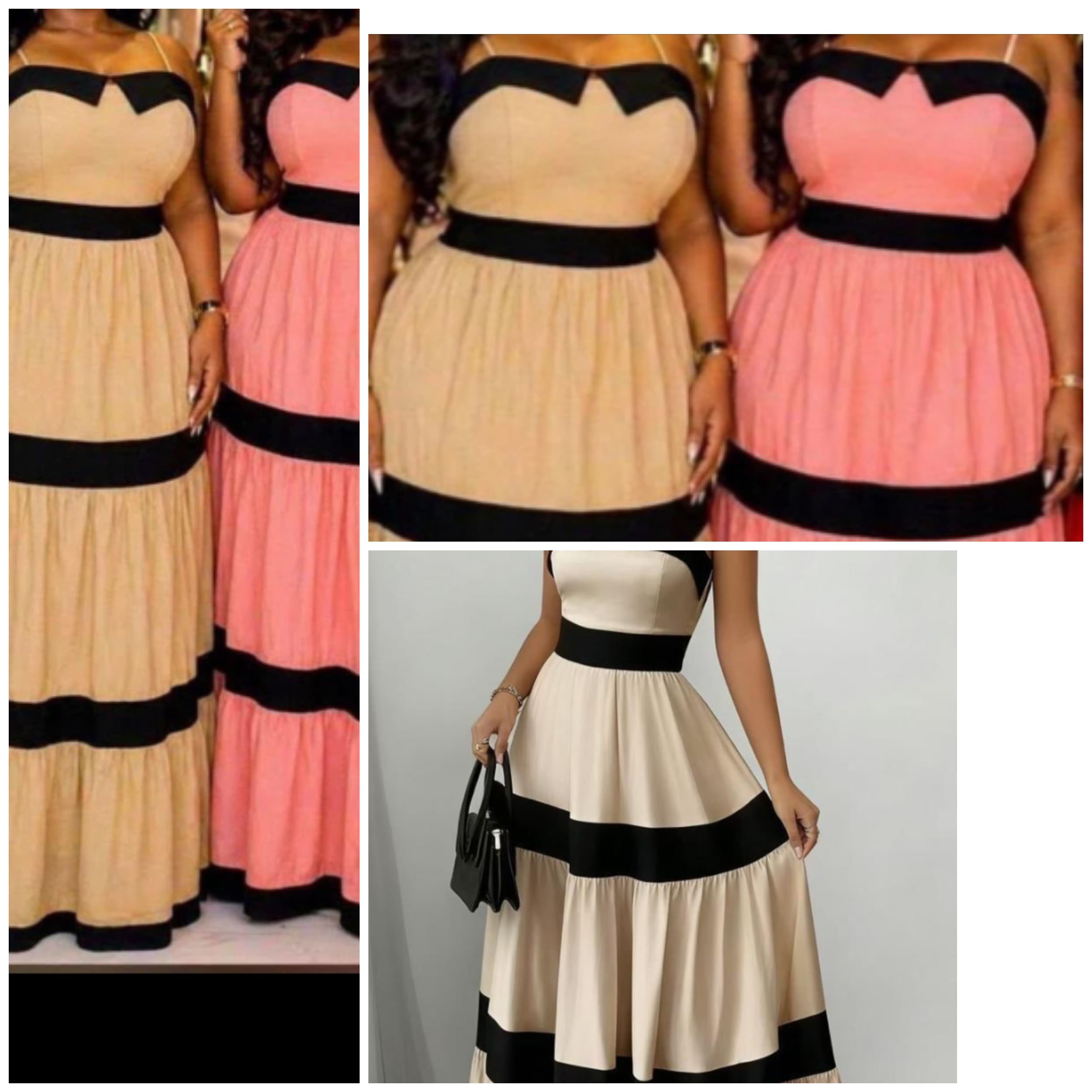 > Elegant Color Block Tiered Maxi Dress - Beige / Black Striped > Elegant Tiered Maxi Dress - Available in Beige & Pink with Black Stripes