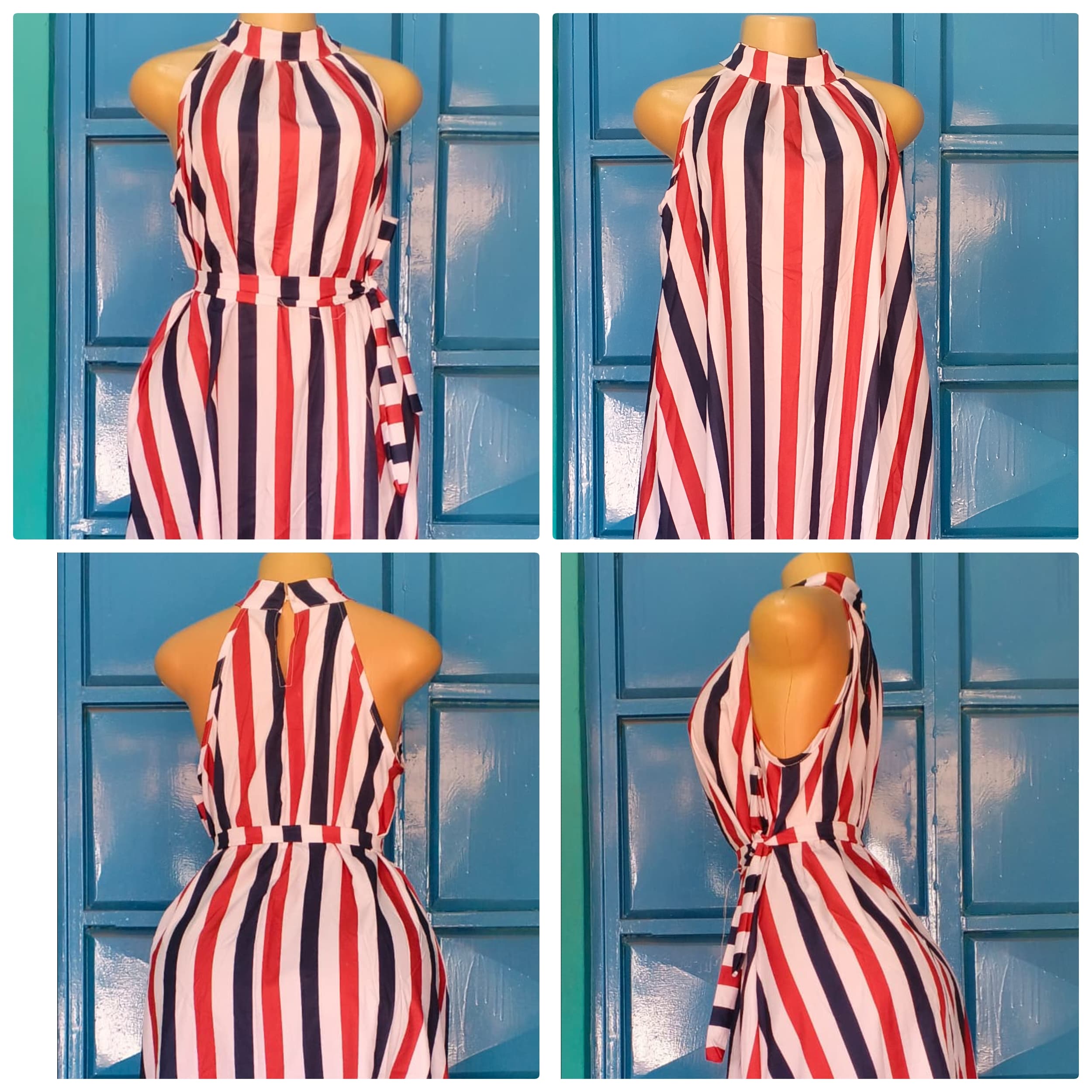 Red Striped Halter Maxi Dress with Belt .