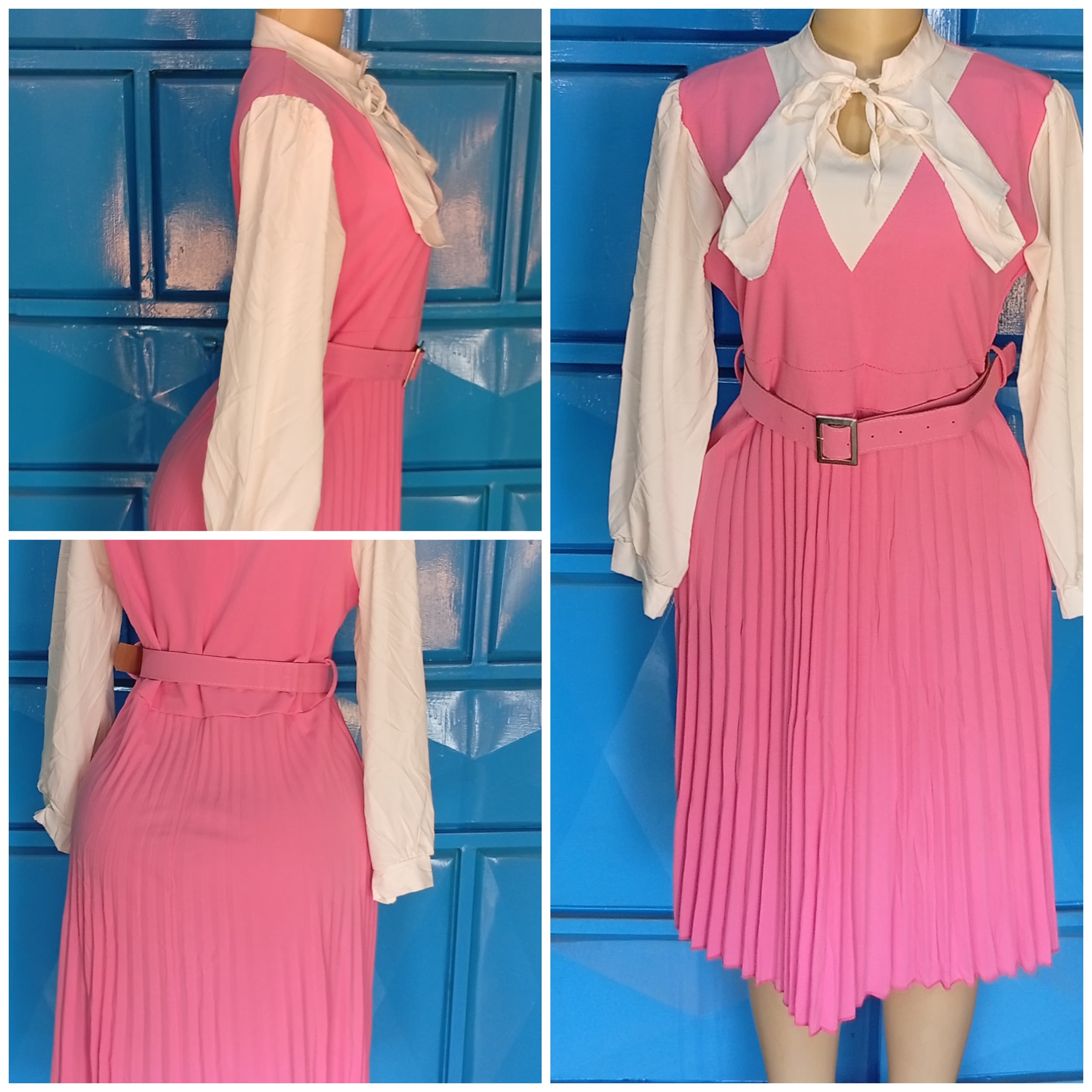 > Pink Pleated Dress with Belt .